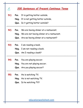 educationworksheet.com
200 Sentences of Present Continous Tense
51) Pos. It is getting hotter outside.
Neg. It is not getting hotter outside.
Que. Is it getting hotter outside?
52) Pos. We are having dinner at a restaurant.
Neg. We are not having dinner at a restaurant.
Que. Are we having dinner at a restaurant?
53) Pos. I am reading a book.
Neg. I am not reading a book.
Que. Am I reading a book?
54) Pos. You are playing soccer.
Neg. You are not playing soccer.
Que. Are you playing soccer?
55) Pos. He is watching TV.
Neg. He is not watching TV.
Que. Is he watching TV?
 