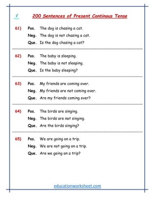 educationworksheet.com
200 Sentences of Present Continous Tense
61) Pos. The dog is chasing a cat.
Neg. The dog is not chasing a cat.
Que. Is the dog chasing a cat?
62) Pos. The baby is sleeping.
Neg. The baby is not sleeping.
Que. Is the baby sleeping?
63) Pos. My friends are coming over.
Neg. My friends are not coming over.
Que. Are my friends coming over?
64) Pos. The birds are singing.
Neg. The birds are not singing.
Que. Are the birds singing?
65) Pos. We are going on a trip.
Neg. We are not going on a trip.
Que. Are we going on a trip?
 