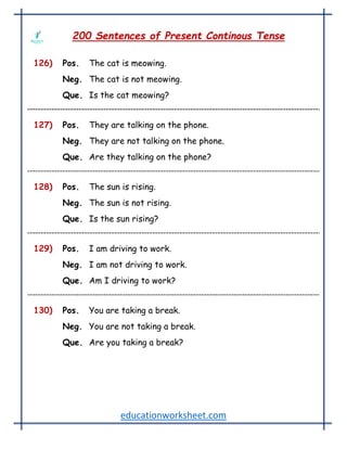 educationworksheet.com
200 Sentences of Present Continous Tense
126) Pos. The cat is meowing.
Neg. The cat is not meowing.
Que. Is the cat meowing?
127) Pos. They are talking on the phone.
Neg. They are not talking on the phone.
Que. Are they talking on the phone?
128) Pos. The sun is rising.
Neg. The sun is not rising.
Que. Is the sun rising?
129) Pos. I am driving to work.
Neg. I am not driving to work.
Que. Am I driving to work?
130) Pos. You are taking a break.
Neg. You are not taking a break.
Que. Are you taking a break?
 