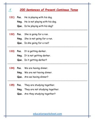 educationworksheet.com
200 Sentences of Present Continous Tense
131) Pos. He is playing with his dog.
Neg. He is not playing with his dog.
Que. Is he playing with his dog?
132) Pos. She is going for a run.
Neg. She is not going for a run.
Que. Is she going for a run?
133) Pos. It is getting darker.
Neg. It is not getting darker.
Que. Is it getting darker?
134) Pos. We are having dinner.
Neg. We are not having dinner.
Que. Are we having dinner?
135) Pos. They are studying together.
Neg. They are not studying together.
Que. Are they studying together?
 