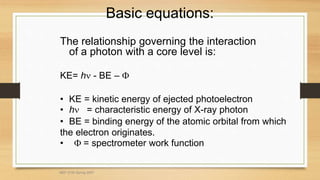 Basic equations:
The relationship governing the interaction
of a photon with a core level is:
KE= h - BE – 
• KE = kinetic energy of ejected photoelectron
• h = characteristic energy of X-ray photon
• BE = binding energy of the atomic orbital from which
the electron originates.
•  = spectrometer work function
MEF 3100 Spring 2007
 