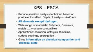 XPS - ESCA
• Surface sensitive analysis technique based on
photoelectric effect. Depth of analysis ~4-40 nm.
• All elements except Hydrogen.
• Wide range of materials: Polymers, Ceramics,
metals …. (vacuum compatible)
• Applications: corrosion, catalysis, thin films,
surface coatings, segregation …
• Gives information on chemical composition and
chemical state
MEF 3100 Spring 2007
 