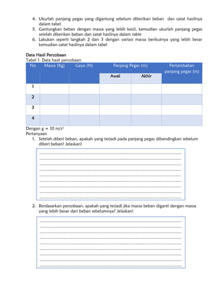 4. Ukurlah panjang pegas yang digantung sebelum diberikan beban dan catat hasilnya
dalam tabel
5. Gantungkan beban dengan massa yang lebih kecil, kemudian ukurlah panjang pegas
setelah diberikan beban dan catat hasilnya dalam table
6. Lakukan seperti langkah 2 dan 3 dengan variasi massa berikutnya yang lebih besar
kemudian catat hasilnya dalam tabel
Data Hasil Percobaan
Tabel 1. Data hasil percobaan
No Massa (Kg) Gaya (N) Panjang Pegas (m) Pertambahan
panjang pegas (m)
Awal Akhir
1
2
3
4
Dengan g = 10 m/s2
Pertanyaan
1. Setelah diberi beban, apakah yang terjadi pada panjang pegas dibandingkan sebelum
diberi beban? Jelaskan!
2. Berdasarkan percobaan, apakah yang terjadi jika massa beban diganti dengan massa
yang lebih besar dari beban sebelumnya? Jelaskan!
…………………………………………………………………………………………………………………………………………
…………………………………………………………………………………………………………………………………………
…………………………………………………………………………………………………………………………………………
…………………………………………………………………………………………………………………………………………
…………………………………………………………………………………………………………………………………………
…………………………………………………………………………………………………………………………………………
…………………………………………………………………………………………………………………………………………
…………………………………………………………………………………………………………………………………………
…………………………………………………………………………………………………………………………………………
…………………………………………………………………………………………………………………………………………
……………………………………….
…………………………………………………………………………………………………………………………………………
…………………………………………………………………………………………………………………………………………
…………………………………………………………………………………………………………………………………………
…………………………………………………………………………………………………………………………………………
…………………………………………………………………………………………………………………………………………
…………………………………………………………………………………………………………………………………………
…………………………………………………………………………………………………………………………………………
…………………………………………………………………………………………………………………………………………
…………………………………………………………………………………………………………………………………………
…………………………………………………………………………………………………………………………………………
……………………………………….
 