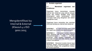 Mengidentifikasi Isu
Internal & External
(Klausul 4.1 ISO
9001:2015
 