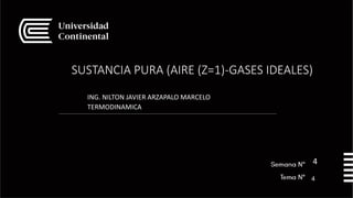 SUSTANCIA PURA (AIRE (Z=1)-GASES IDEALES)
ING. NILTON JAVIER ARZAPALO MARCELO
TERMODINAMICA
4
4
 