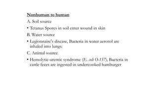 Nonhuman to human
A. Soil source
• Tetanus Spores in soil enter wound in skin
B. Water source
• Legionnaire's disease, Bacteria in water aerosol are
inhaled into lungs.
C. Animal source
• Hemolytic-uremic syndrome (E. coli O-157), Bacteria in
cattle feces are ingested in undercooked hamburger
 