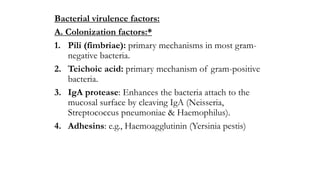 Bacterial virulence factors:
A. Colonization factors:*
1. Pili (fimbriae): primary mechanisms in most gram-
negative bacteria.
2. Teichoic acid: primary mechanism of gram-positive
bacteria.
3. IgA protease: Enhances the bacteria attach to the
mucosal surface by cleaving IgA (Neisseria,
Streptococcus pneumoniae & Haemophilus).
4. Adhesins: e.g., Haemoagglutinin (Yersinia pestis)
 