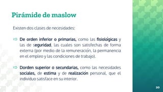 Pirámide de maslow
Existen dos clases de necesidades:
⇨ De orden inferior o primarias, como las fisiológicas y
las de seguridad, las cuales son satisfechas de forma
externa (por medio de la remuneración, la permanencia
en el empleo y las condiciones de trabajo).
⇨ Dorden superior o secundarias, como las necesidades
sociales, de estima y de realización personal, que el
individuo satisface en su interior.
20
 