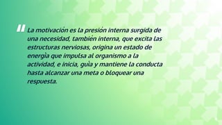 “La motivación es la presión interna surgida de
una necesidad, también interna, que excita las
estructuras nerviosas, origina un estado de
energía que impulsa al organismo a la
actividad, e inicia, guía y mantiene la conducta
hasta alcanzar una meta o bloquear una
respuesta.
4
 