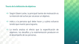 Teoría de la definición de objetivos
⇨ Según Edwin Locke, la principal fuente de motivación es
la intención de luchar por alcanzar un objetivo.
⇨ indica a la persona qué debe hacer y cuánto esfuerzo
tendrá que invertir para lograrlo.
⇨ La teoría analiza el efecto que la especificación de
objetivos, los desafíos y la realimentación producen en
el desempeño de las personas.
50
 