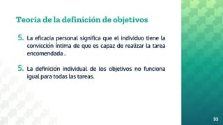 Teoría de la definición de objetivos
5. La eficacia personal significa que el individuo tiene la
convicción íntima de que es capaz de realizar la tarea
encomendada .
5. La definición individual de los objetivos no funciona
igual para todas las tareas.
53
 