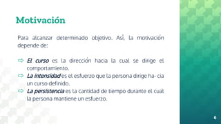 Motivación
Para alcanzar determinado objetivo. Así, la motivación
depende de:
⇨ El curso es la dirección hacia la cual se dirige el
comportamiento.
⇨ La intensidad es el esfuerzo que la persona dirige ha- cia
un curso definido.
⇨ La persistencia es la cantidad de tiempo durante el cual
la persona mantiene un esfuerzo.
6
 