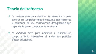 Teoría del refuerzo
3. La sanción sirve para disminuir la frecuencia o para
eliminar un comportamiento indeseable, por medio de
la aplicación de una consecuencia desagradable que
depende de que el comportamiento ocurra.
4. La extinción sirve para disminuir o eliminar un
comportamiento indeseable, al anular sus posibles
efectos agradables.
67
 