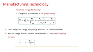 Manufacturing Technology
Power and Energy Relationships
▪ Unit power is also known as the specific energy U
◼ Units for specific energy are typically N-m/mm3 or J/mm3 (in-lb/in3)
◼ Specific energy is in fact pressure and sometimes is called specific cutting
pressure:
1
u
MR c 1
Fc
Pc Fc Vc
U = P = = =
R V t  w t  w
F c
A
U =
 