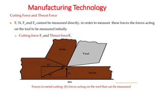 Manufacturing Technology
Cutting Force and Thrust Force
◼ F, N, Fs and Fn cannot be measured directly, in order to measure these forces the forces acting
on the tool to be measured initially
❑ Cutting force Fc and Thrust forceFt
Forces in metal cutting: (b) forces acting on the tool that can be measured
 
