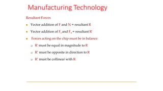Manufacturing Technology
Resultant Forces
◼ Vector addition of F and N = resultant R
◼ Vector addition of Fs and Fn = resultant R'
◼ Forces acting on the chip must be in balance:
❑ R' must be equal in magnitude to R
❑ R’ must be opposite in direction to R
❑ R’ must be collinear with R
 