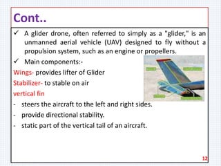 Cont..
 A glider drone, often referred to simply as a "glider," is an
unmanned aerial vehicle (UAV) designed to fly without a
propulsion system, such as an engine or propellers.
 Main components:-
Wings- provides lifter of Glider
Stabilizer- to stable on air
vertical fin
- steers the aircraft to the left and right sides.
- provide directional stability.
- static part of the vertical tail of an aircraft.
12
 