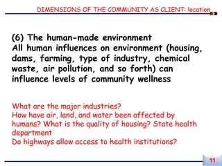 DIMENSIONS OF THE COMMUNITY AS CLIENT: location
(6) The human-made environment
All human influences on environment (housing,
dams, farming, type of industry, chemical
waste, air pollution, and so forth) can
influence levels of community wellness
What are the major industries?
How have air, land, and water been affected by
humans? What is the quality of housing? State health
department
Do highways allow access to health institutions?
11
 