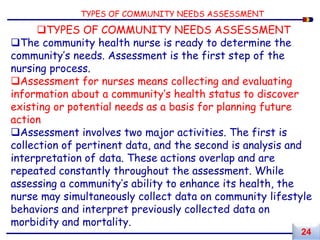 TYPES OF COMMUNITY NEEDS ASSESSMENT
The community health nurse is ready to determine the
community’s needs. Assessment is the first step of the
nursing process.
Assessment for nurses means collecting and evaluating
information about a community’s health status to discover
existing or potential needs as a basis for planning future
action
Assessment involves two major activities. The first is
collection of pertinent data, and the second is analysis and
interpretation of data. These actions overlap and are
repeated constantly throughout the assessment. While
assessing a community’s ability to enhance its health, the
nurse may simultaneously collect data on community lifestyle
behaviors and interpret previously collected data on
morbidity and mortality.
TYPES OF COMMUNITY NEEDS ASSESSMENT
24
 