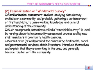 (2) Familiarization or “Windshield Survey”
Familiarization assessment involves studying data already
available on a community, and probably gathering a certain amount
of firsthand data, to gain a working knowledge and general
understanding of the community.
Such an approach, sometimes called a “windshield survey,” is used
by nursing students in community assessment courses and by new
staff members in community health agencies.
Nurses drive (or walk) around the community; find health, social,
and governmental services; obtain literature; introduce themselves
and explain that they are working in the area; and generally
become familiar with the community.
TYPES OF COMMUNITY NEEDS ASSESSMENT
27
 