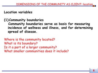 DIMENSIONS OF THE COMMUNITY AS CLIENT: location
Location variables
(1) Community boundaries
Community boundaries serve as basis for measuring
incidence of wellness and illness, and for determining
spread of disease.
Where is the community located?
What is its boundary?
Is it a part of a larger community?
What smaller communities does it include?
6
 
