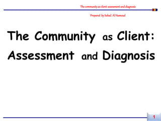 The communityas client:assessmentand diagnosis
Prepared by Suhail AlHumoud
The Community as Client:
Assessment and Diagnosis
1
 
