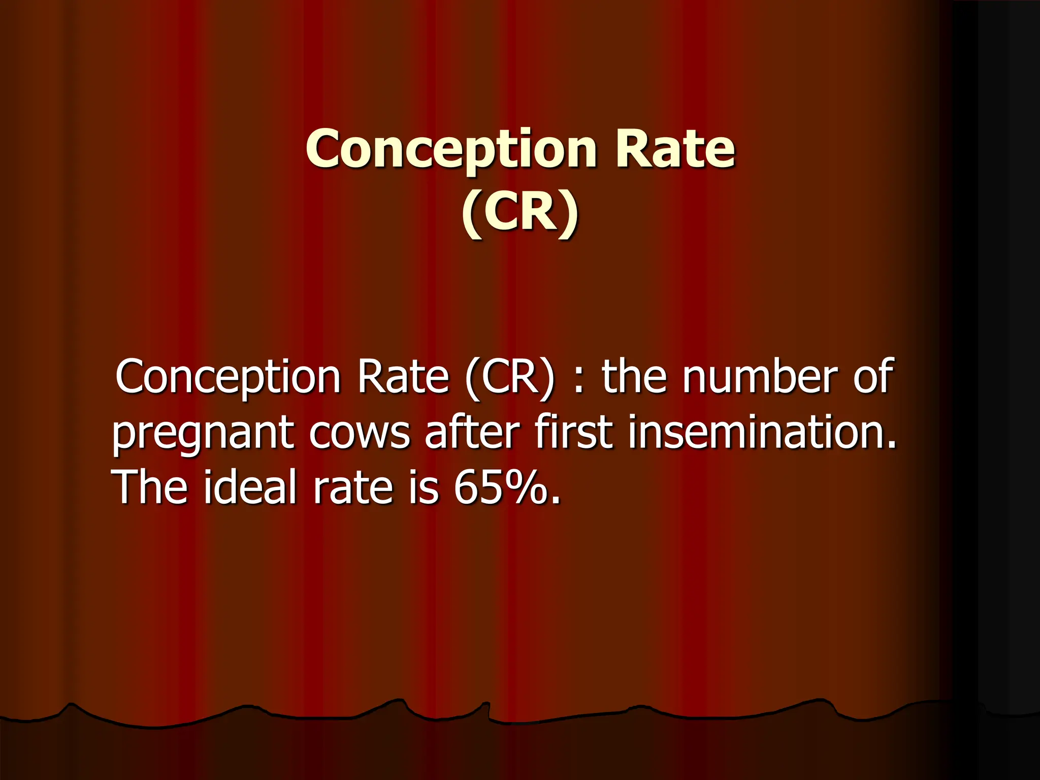 Conception Rate
(CR)
Conception Rate (CR) : the number of
pregnant cows after first insemination.
The ideal rate is 65%.
 