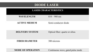 DIODE LASER
LASER CHARACTERISTICS
WAVELENGTH 810 – 980 nm
ACTIVE MEDIUM Semi-conductor diode
DELIVERY SYSTEM Optical fiber- quartz or silica
FIBER DIAMETER 300 microns
MODE OF OPERATION Continuous wave, gated pulse mode
 