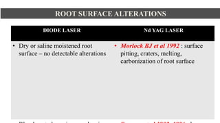 ROOT SURFACE ALTERATIONS
DIODE LASER Nd YAG LASER
• Dry or saline moistened root
surface – no detectable alterations
• Morlock BJ et al 1992 : surface
pitting, craters, melting,
carbonization of root surface
 