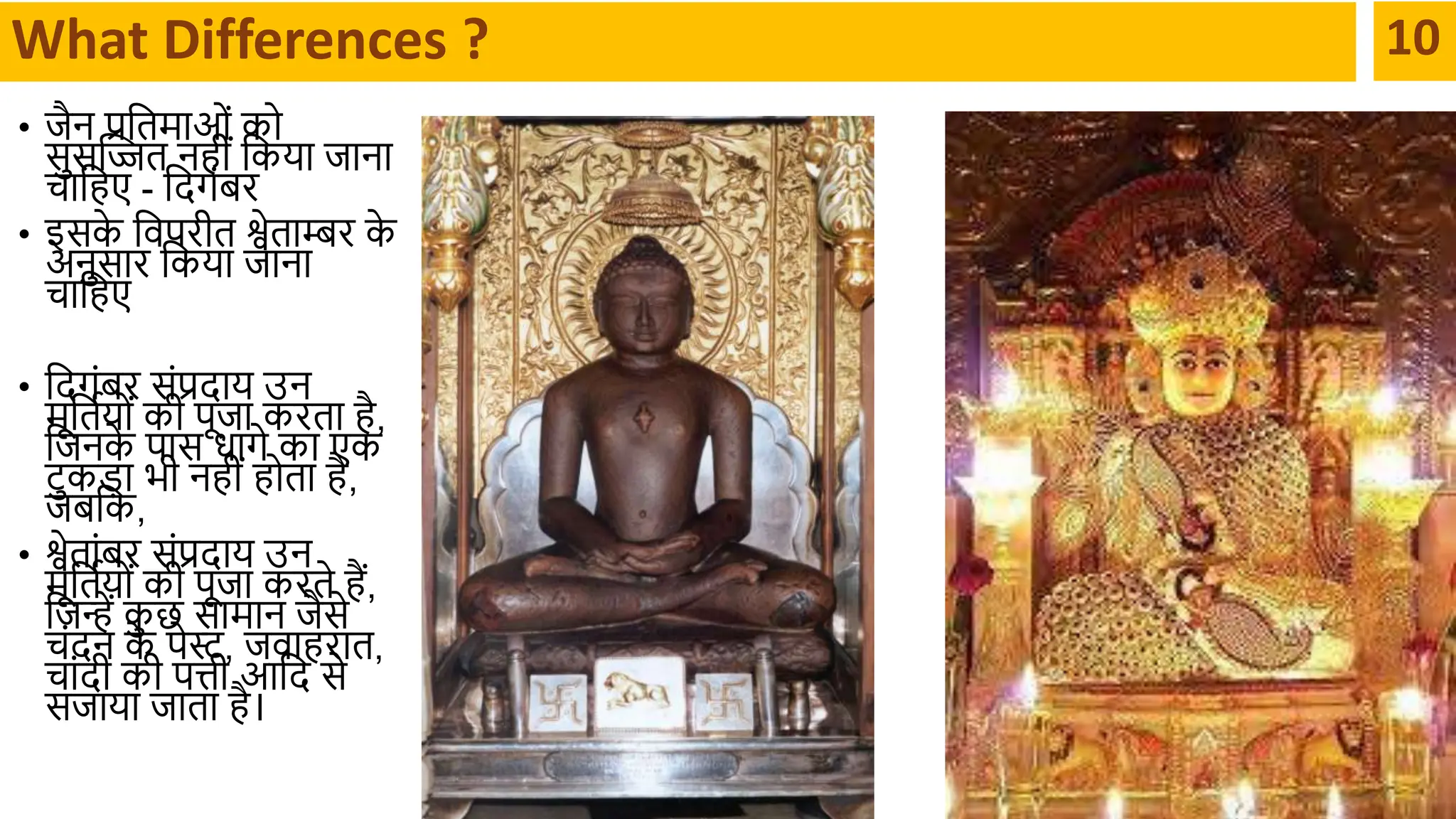 • िैन प्रदतर्मथओं को
सुसक्तित नहीं दकयथ िथनथ
चथदहए - दिगंबर
• इसक
े दवपरीत श्वेतथम्बर क
े
अनुसथर दकयथ िथनथ
चथदहए
• दिगंबर संप्रिथय उन
र्मूदतायों की पूिथ करतथ है,
दिनक
े पथस धथगे कथ एक
टुकड़थ भी नहीं होतथ है,
िबदक,
• श्वेतथंबर संप्रिथय उन
र्मूदतायों की पूिथ करते हैं,
दिन्ें क
ु छ सथर्मथन िैसे
चंिन क
े पेस्ट, िवथहरथत,
चथंिी की पिी आदि से
सिथयथ िथतथ है।
What Differences ? 10
 