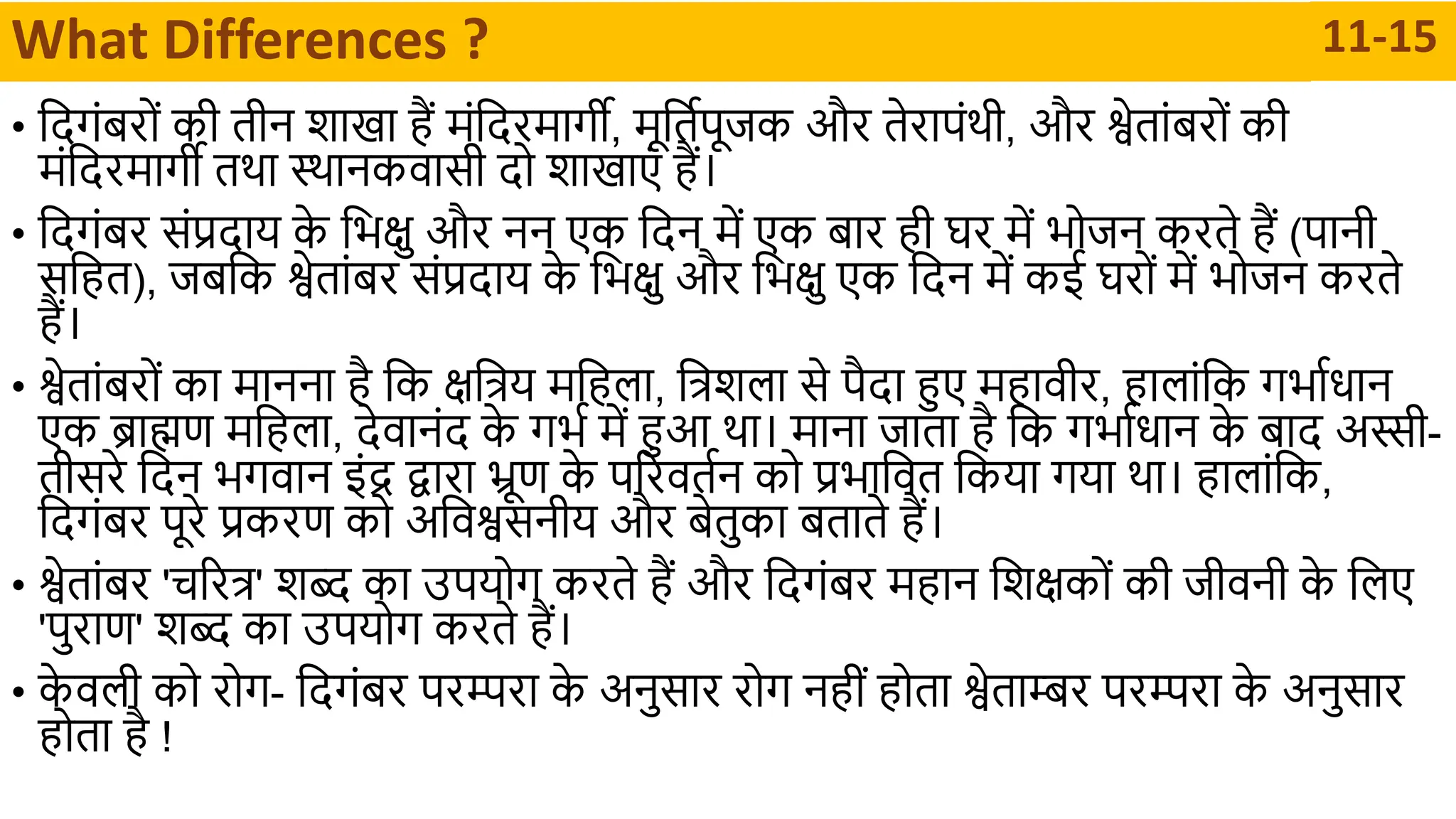 • दिगंबरों की तीन शथखथ हैं र्मंदिरर्मथगी, र्मूदतापूिक और तेरथपंर्ी, और श्वेतथंबरों की
र्मंदिरर्मथगी तर्थ स्र्थनकवथसी िो शथखथएं हैं।
• दिगंबर संप्रिथय क
े दभिु और नन एक दिन र्में एक बथर ही घर र्में भोिन करते हैं (पथनी
सदहत), िबदक श्वेतथंबर संप्रिथय क
े दभिु और दभिु एक दिन र्में कई घरों र्में भोिन करते
हैं।
• श्वेतथंबरों कथ र्मथननथ है दक िदत्रय र्मदहलथ, दत्रशलथ से पैिथ हुए र्महथवीर, हथलथंदक गभथाधथन
एक ब्रथह्मण र्मदहलथ, िेवथनंि क
े गभा र्में हुआ र्थ। र्मथनथ िथतथ है दक गभथाधथन क
े बथि अस्सी-
तीसरे दिन भगवथन इंद्र द्वथरथ भ्रूण क
े पररवतान को प्रभथदवत दकयथ गयथ र्थ। हथलथंदक,
दिगंबर पूरे प्रकरण को अदवश्वसनीय और बेतुकथ बतथते हैं।
• श्वेतथंबर 'चररत्र' शब्द कथ उपयोग करते हैं और दिगंबर र्महथन दशिकों की िीवनी क
े दलए
'पुरथण' शब्द कथ उपयोग करते हैं।
• क
े वली को रोग- दिगंबर परम्परथ क
े अनुसथर रोग नहीं होतथ श्वेतथम्बर परम्परथ क
े अनुसथर
होतथ है !
What Differences ? 11-15
 