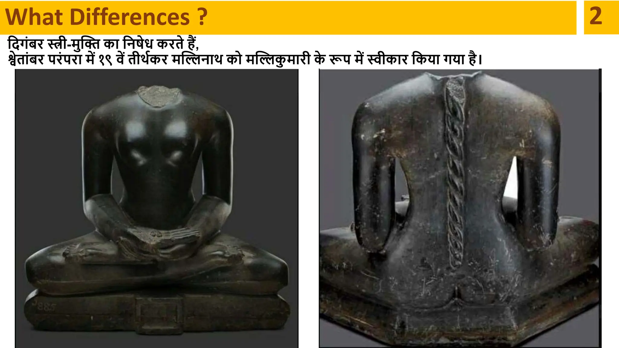 What Differences ? 2
क्षदगंबर स्त्री-मुक्ति का क्षनषेध करते हैं,
श्वेतांबर परंपरा में १९ वें तीर्थकर मक्तिनार् को मक्तिक
ु मारी क
े रूप में स्वीकार क्षकया गया है।
 