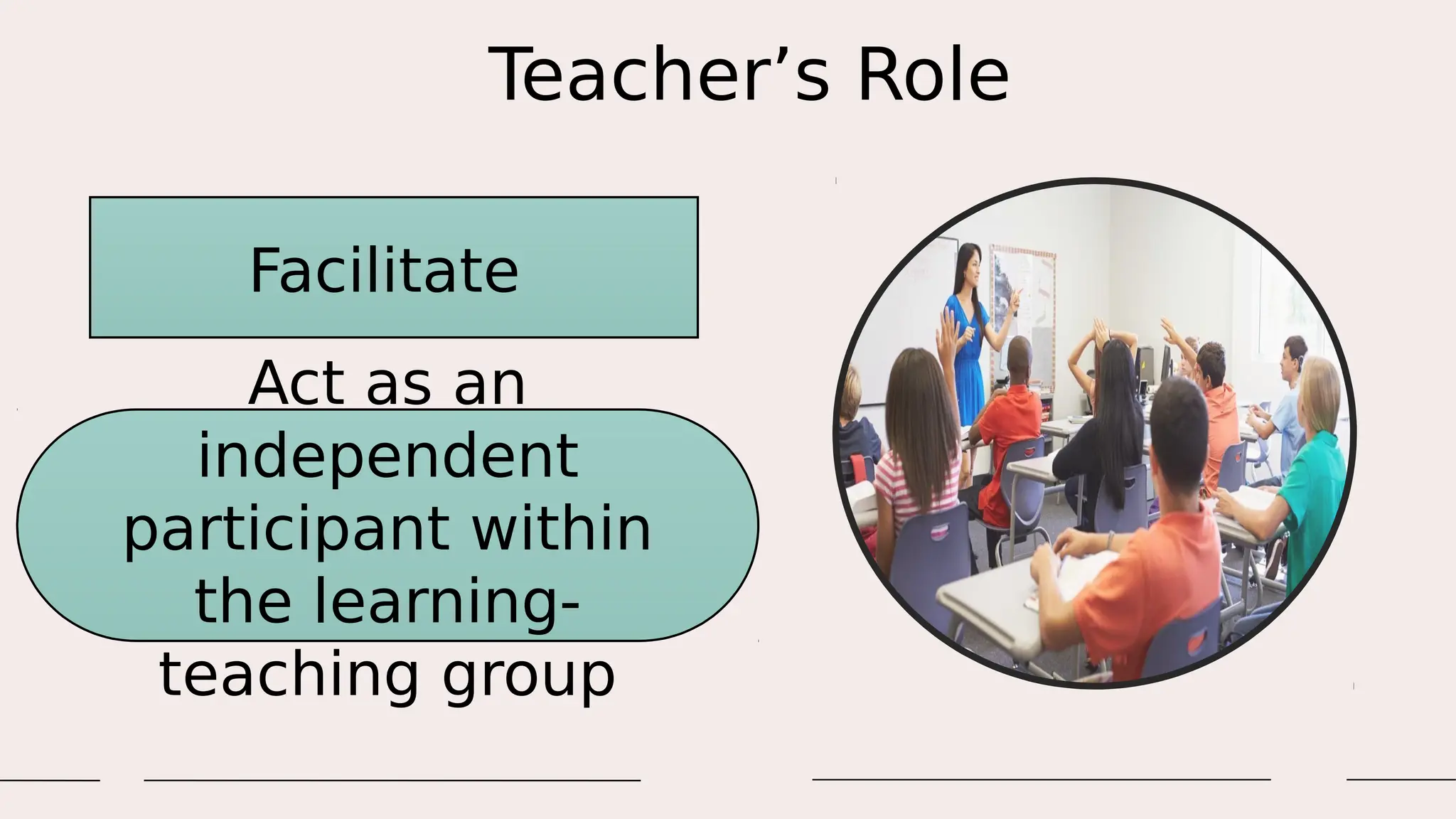 Teacher’s Role
Facilitate
Act as an
independent
participant within
the learning-
teaching group
 