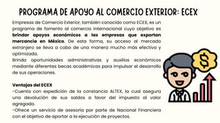 Empresas de Comercio Exterior, también conocido como ECEX, es un
programa de fomento al comercio internacional cuyo objetivo es
brindar apoyos económicos a las empresas que exportan
mercancía en México. De esta forma, su acceso al mercado
extranjero se lleva a cabo de una manera mucho más efectiva y
optimizada.
Brinda oportunidades administrativas y auxilios económicos
mediante diferentes becas académicas para impulsar el desarrollo
de sus operaciones.
Ventajas del ECEX
-Cuenta con expedición de la constancia ALTEX, la cual asegura
una devolución de sus saldos a favor del impuesto al valor
agregado.
-Ofrece un servicio de asesoría por parte de Nacional Financiera
con el objetivo de aportar a la ejecución de proyectos.
PROGRAMA DE APOYO AL COMERCIO EXTERIOR: ECEX
 