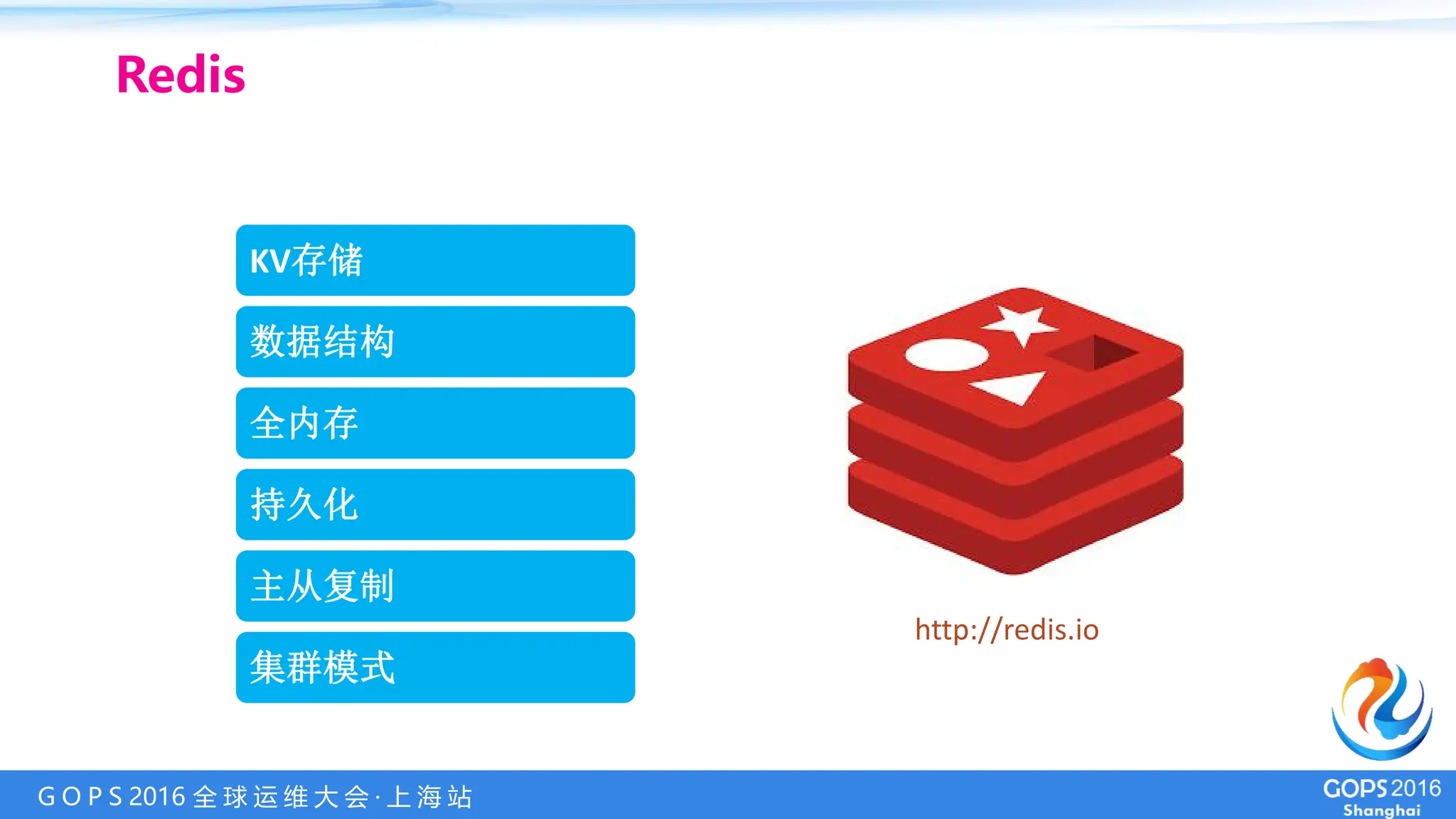 G O P S 2016 全 球 运 维 大 会 · 上 海 站
Redis
KV存储
数据结构
全内存
持久化
主从复制
集群模式
http://redis.io
 