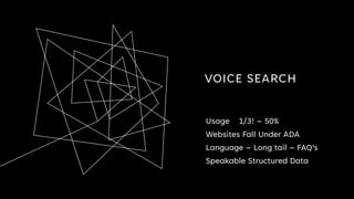 VOICE SEARCH
Usage 1/3! – 50%
Websites Fall Under ADA
Language – Long tail – FAQ’s
Speakable Structured Data
 