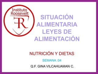 NUTRICIÓN Y DIETAS
SEMANA :04
Q.F. GINA VILCAHUAMAN C.
SITUACIÓN
ALIMENTARIA
LEYES DE
ALIMENTACIÓN
 