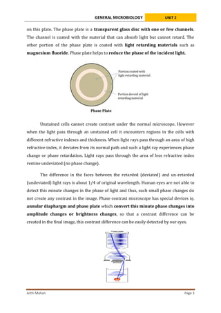 GENERAL MICROBIOLOGY UNIT 2
Arthi Mohan Page 3
on this plate. The phase plate is a transparent glass disc with one or few channels.
The channel is coated with the material that can absorb light but cannot retard. The
other portion of the phase plate is coated with light retarding materials such as
magnesium fluoride. Phase plate helps to reduce the phase of the incident light.
Unstained cells cannot create contrast under the normal microscope. However
when the light pass through an unstained cell it encounters regions in the cells with
different refractive indexes and thickness. When light rays pass through an area of high
refractive index, it deviates from its normal path and such a light ray experiences phase
change or phase retardation. Light rays pass through the area of less refractive index
remine undeviated (no phase change).
The difference in the faces between the retarded (deviated) and un-retarded
(undeviated) light rays is about 1/4 of original wavelength. Human eyes are not able to
detect this minute changes in the phase of light and thus, such small phase changes do
not create any contrast in the image. Phase contrast microscope has special devices iẹ.
annular diaphargm and phase plate which convert this minute phase changes into
amplitude changes or brightness changes, so that a contrast difference can be
created in the final image, this contrast difference can be easily detected by our eyes.
 