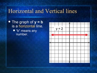 Horizontal and Vertical lines
 The graph of y = b
is a horizontal line.
 “b” means any
number.
y = 2
 