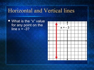 Horizontal and Vertical lines
 What is the “x” value
for any point on the
line x = -3? x = - 3
 