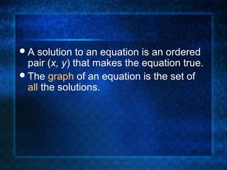 A solution to an equation is an ordered
pair (x, y) that makes the equation true.
The graph of an equation is the set of
all the solutions.
 
