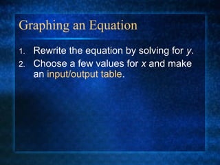 Graphing an Equation
1. Rewrite the equation by solving for y.
2. Choose a few values for x and make
an input/output table.
 