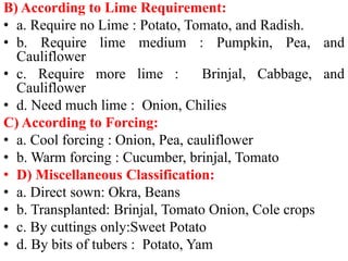 B) According to Lime Requirement:
• a. Require no Lime : Potato, Tomato, and Radish.
• b. Require lime medium : Pumpkin, Pea, and
Cauliflower
• c. Require more lime : Brinjal, Cabbage, and
Cauliflower
• d. Need much lime : Onion, Chilies
C) According to Forcing:
• a. Cool forcing : Onion, Pea, cauliflower
• b. Warm forcing : Cucumber, brinjal, Tomato
• D) Miscellaneous Classification:
• a. Direct sown: Okra, Beans
• b. Transplanted: Brinjal, Tomato Onion, Cole crops
• c. By cuttings only:Sweet Potato
• d. By bits of tubers : Potato, Yam
 