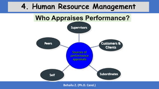 Who Appraises Performance?
Behailu Z. (Ph.D. Cand.)
4. Human Resource Management
Supervisors
Peers Customers &
Clients
Subordinates
Self
Sources of
performance
appraisals
 