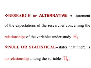 RESEARCH or ALTERNATIVE--A statement
of the expectations of the researcher concerning the
relationships of the variables under study H1
NULL OR STATISTICAL--states that there is
no relationship among the variables HO
 