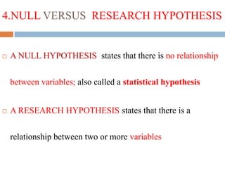 4.NULL VERSUS RESEARCH HYPOTHESIS
 A NULL HYPOTHESIS states that there is no relationship
between variables; also called a statistical hypothesis
 A RESEARCH HYPOTHESIS states that there is a
relationship between two or more variables
 
