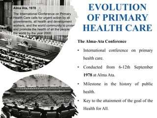 EVOLUTION
OF PRIMARY
HEALTH CARE
The Alma-Ata Conference
• International conference on primary
health care.
• Conducted from 6-12th September
1978 at Alma Ata.
• Milestone in the history of public
health.
• Key to the attainment of the goal of the
Health for All.
 