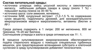Состав питательной среды:
• источника углерода: смесь уксусной кислоты и свекловичную
мелассу, небольшие добавки сахара в среду (около 1 %) -
повышают выход лизина на 30–50 %;
• источника азота: соли аммония, мочевина,:
• источники БАВ: кукурузный экстракт (1,2–1,5 % по содержанию
сухих веществ), гидролизаты дрожжей, для жизнедеятельности
микроорганизмов микро-и макроэлементы, витамины (биотин и
др.).
Среда должна содержать в 1 литре: 200 мг метионина, 800 мг
треонина, 15–20 мкг биотина.
Соотношение углерода и азота в среде оптимально как 11 : 1.
В процессе культивирования микроорганизмов обеспечивается
подача стерильного воздуха с помощью специальных турбинных
мешалок, для предотвращения вспенивания субстрата и клеточной
суспензии в среду культивирования добавляют пеногасители.
 