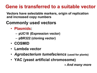 Gene is transferred to a suitable vector
• Plasmids:
– pUC18 (Expression vector)
– pBR322 (cloning vector)
• COSMID
• Lambda vector
• Agrobacterium tumefaciencs (used for plants)
• YAC (yeast artificial chromosome)
» And many more
Commonly used vectors
Vectors have selectable markers, origin of replication
and increased copy numbers
 