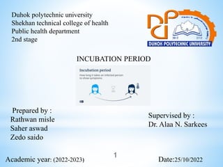 Duhok polytechnic university
Shekhan technical college of health
Public health department
2nd stage
INCUBATION PERIOD
Prepared by :
Rathwan misle
Saher aswad
Zedo saido
Academic year: (2022-2023) Date:25/10/2022
Supervised by :
Dr. Alaa N. Sarkees
1
 